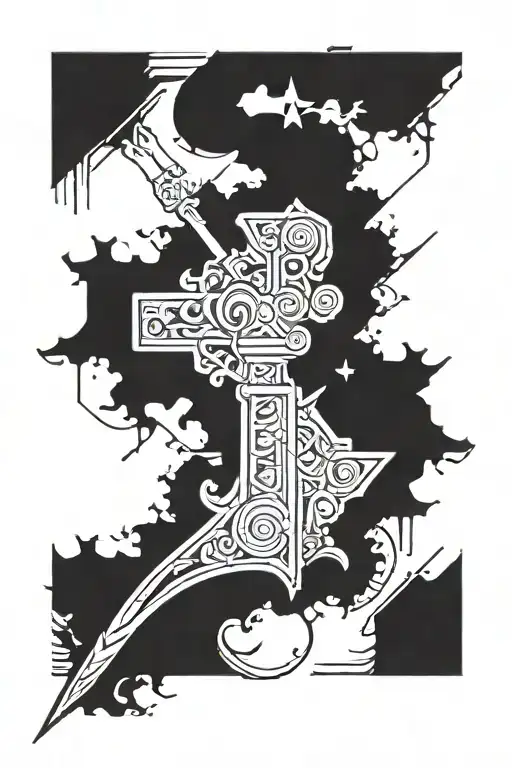 I need a tattoo in the style of house and cybersigilism. There should be a sword and a sign from the anime Berserk, it can also be a tattoo design idea