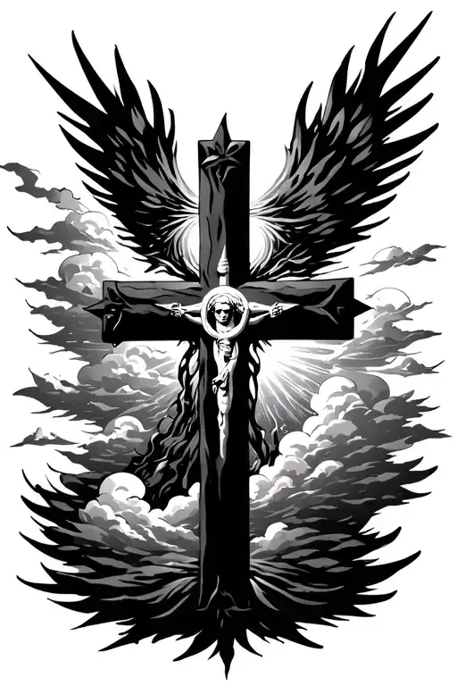 cross surrounded with clouds and sun shining with nothing on the cross tattoo design idea