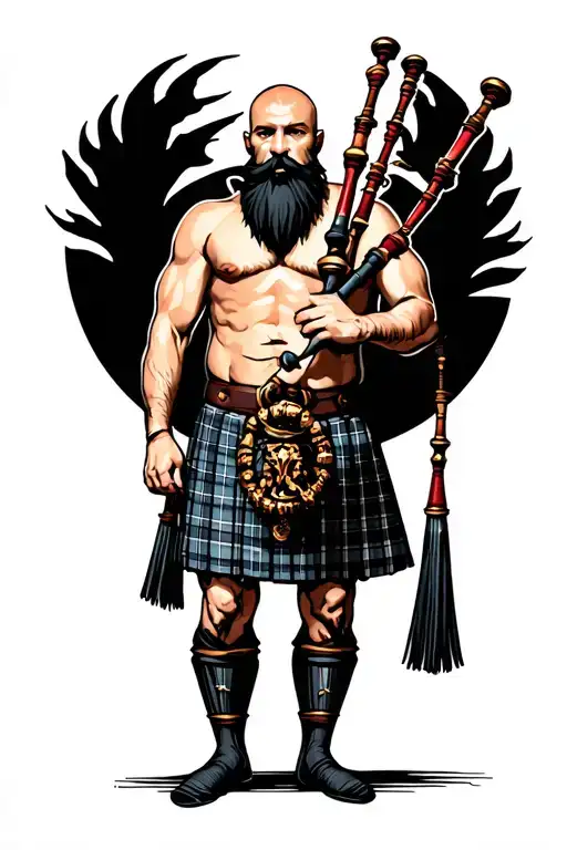 shirtless muscular bagpiper bald black beard playing bagpipes black background tattoo design idea