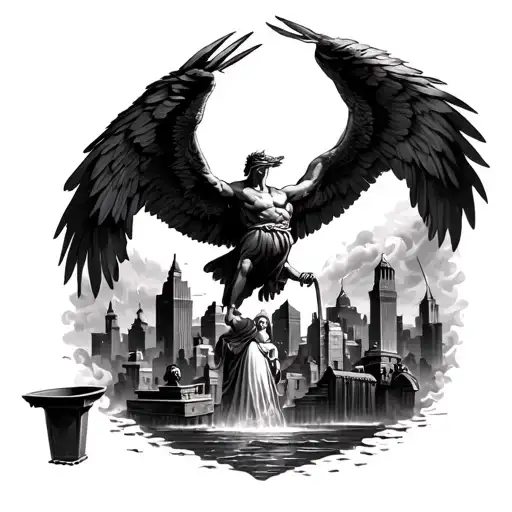 black and grey realism tattoo of phoenix rising from the ashes while saint florian is pouring water on a cityscape thats tattoo design idea