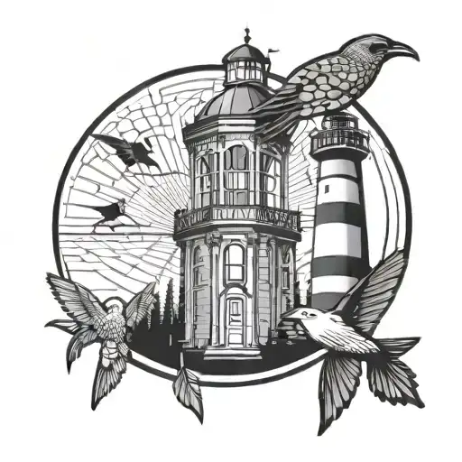 composion in circles bird below backpack higher  and lighthouse in the midle tattoo design idea