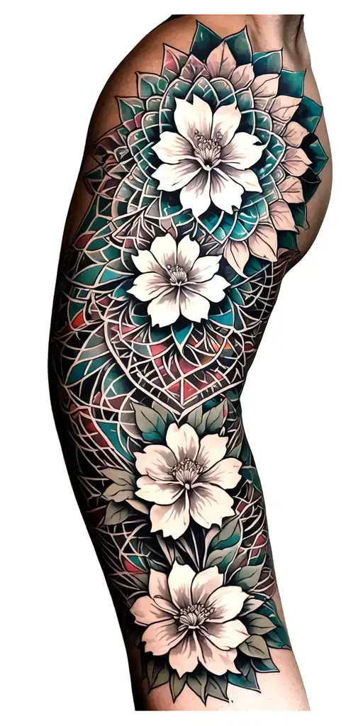 Full Left Sleeve with escher geometry, (some layered to abstraction), blossom mandala brazilion style tattoo design idea