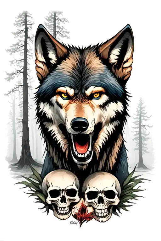 angry wolf with skulls and a forest scene tattoo design idea
