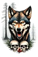 angry wolf with skulls and a forest scene tattoo design idea