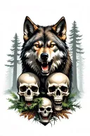 angry wolf with skulls and a forest scene tattoo design idea