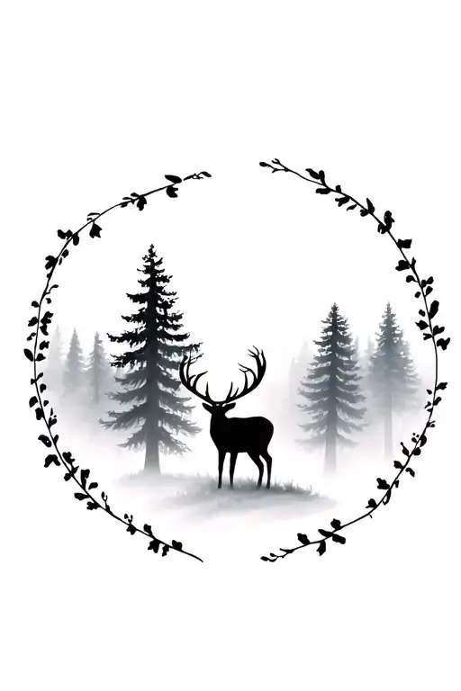 big forest with smal deer silhouette foggy tattoo design idea
