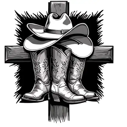 Cowboy Hat on a Cross with Cowboy boots infront  of the cross tattoo design idea
