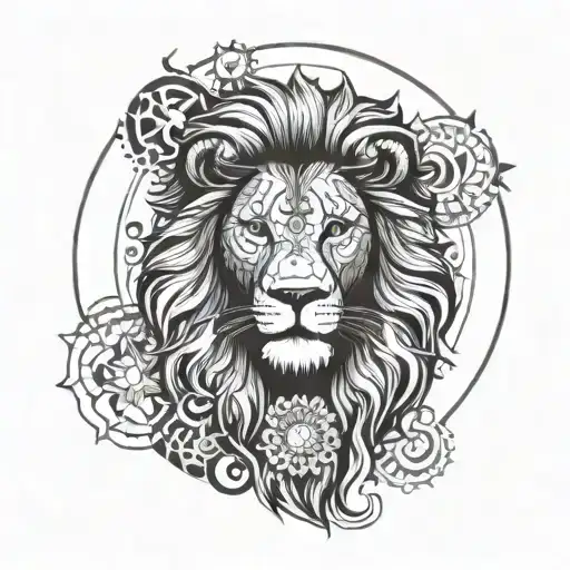 A lion silhouette with a mandala design as the mane, surrounded by a sun and moon, symbolizing balance and strength tattoo design idea
