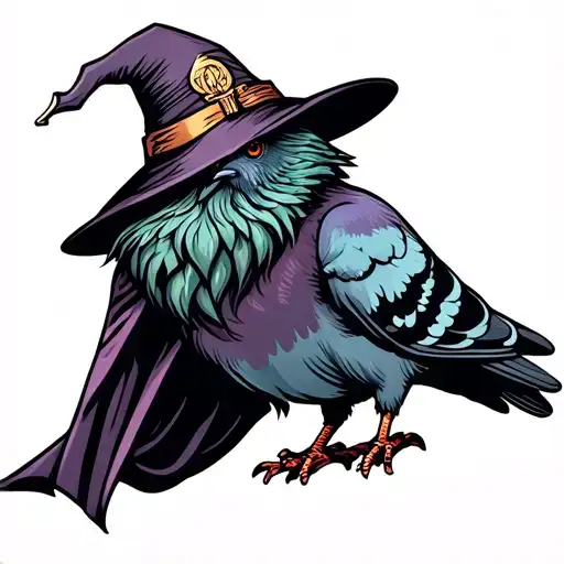pigeon with a beard wearing a wizard hat and cape tattoo design idea
