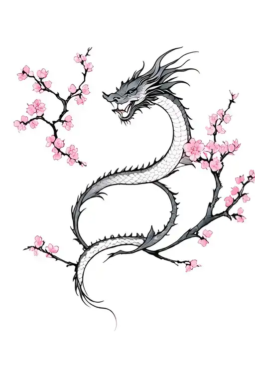 a small thin Japanese dragon spinning around and between sakura branches tattoo design idea