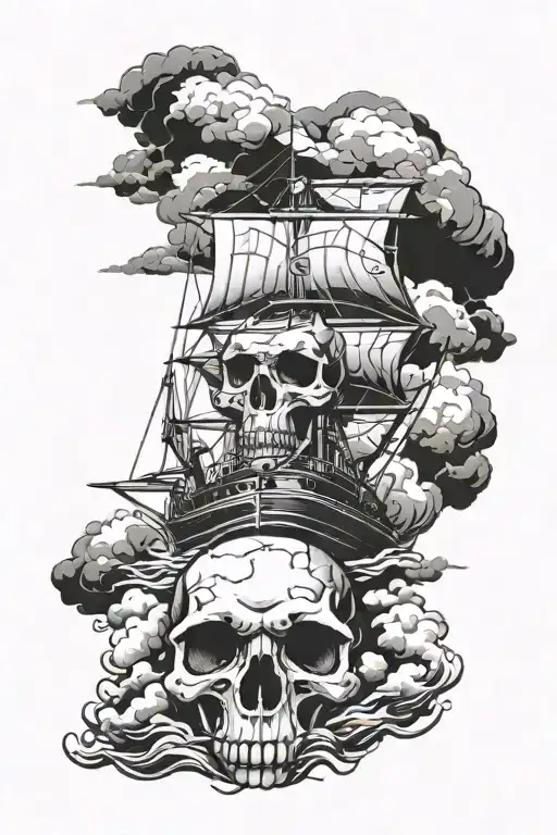 skull storm clouds boat sailing tattoo design idea