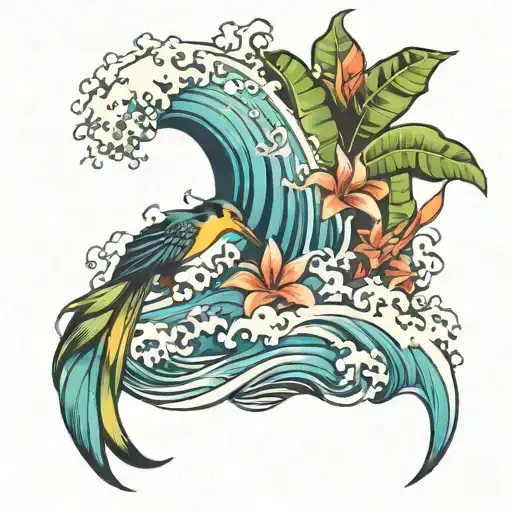 a ocean wave, bird of paradise flower with some spiritual elements and possibly some maui vibes. tattoo design idea