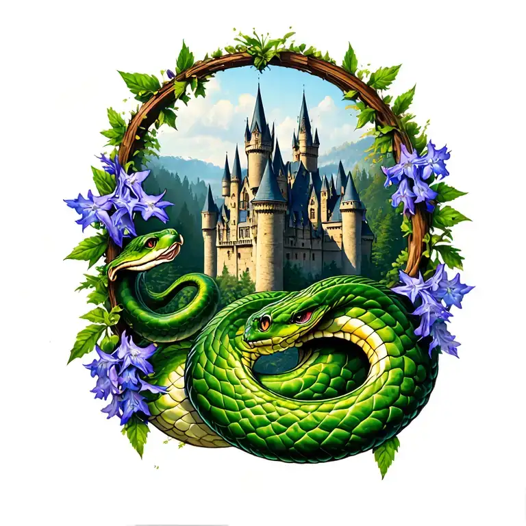 larkspur and green snake border around hogwarts castle. the forest behind the castle. Full color and no open space. tattoo design idea