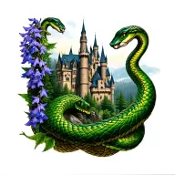 larkspur and green snake border around hogwarts castle. the forest behind the castle. Full color and no open space. tattoo design idea