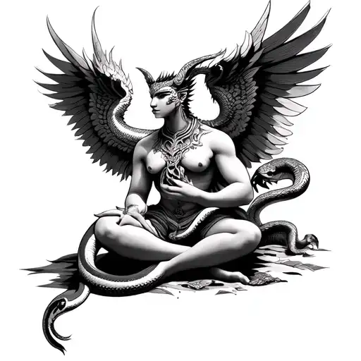 SEATED GARUDA WITH SNAKE IN HAND tattoo design idea