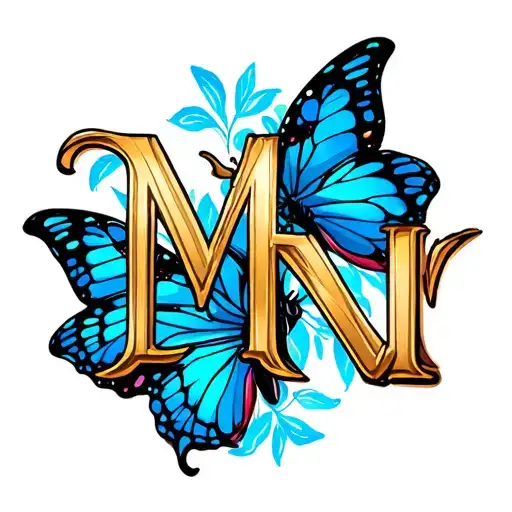 "M N" blue butterfly flying tattoo design idea