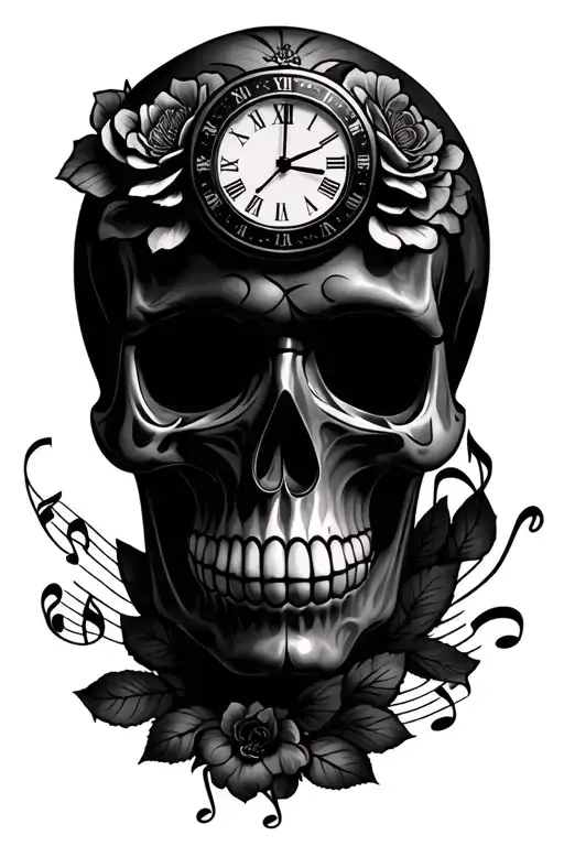 sugar Skull Clock tattoo design incorporating musical notes tattoo design idea