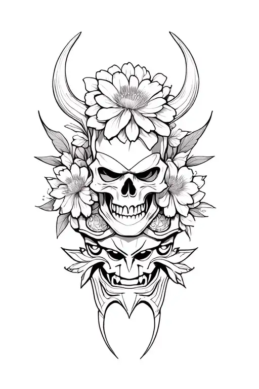 Flowers, a skull on top in the form of an ONI mask, a samurai oni mask below. All this with flowers around. tattoo design idea