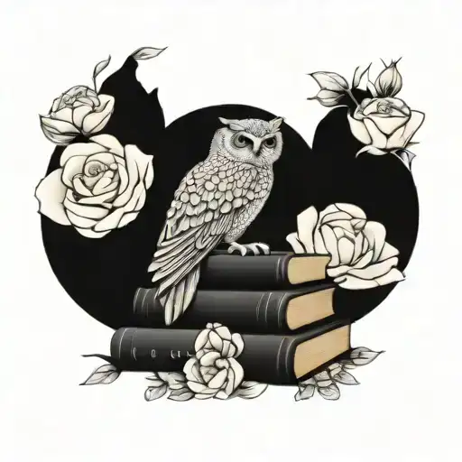An intricate design of an owl perched on a stack of books, with delicate flowers intertwined in the background tattoo design idea