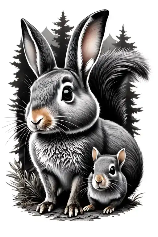 3 animals: rabbit, mouse, and squirrel, black and grey with forest background for the lower arm tattoo design idea