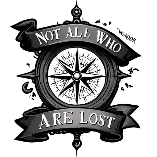 "Not All Who Wander Are Lost" 3d compass and banner tattoo design idea