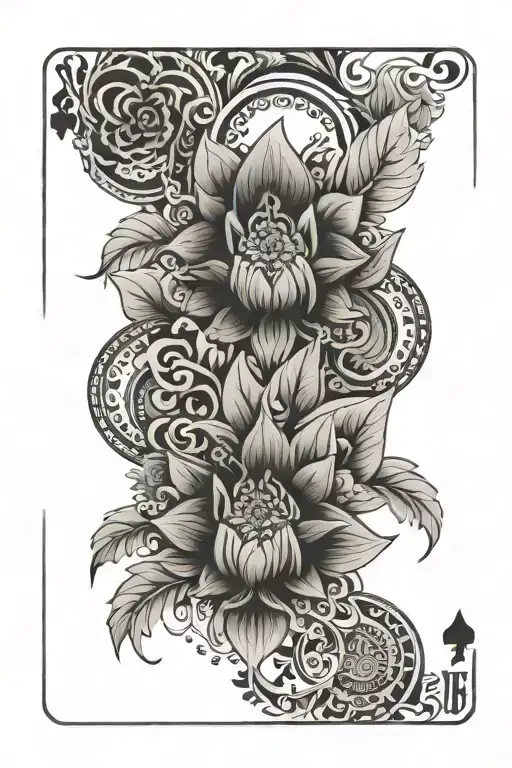 Oriental mandala, symbols of working resistance, playing cards, acanthe leaves tattoo design idea