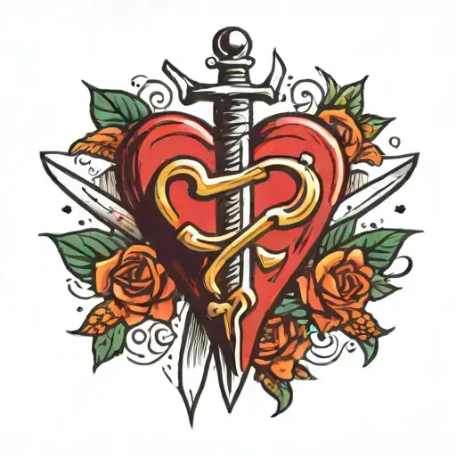 American traditional  heart with a dagger piercing tattoo design idea