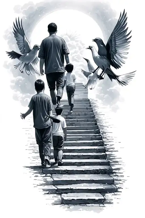 stairway to heaven and in the middle of the stairs put 3 young walking up the stairs behind dad with birds tattoo design idea