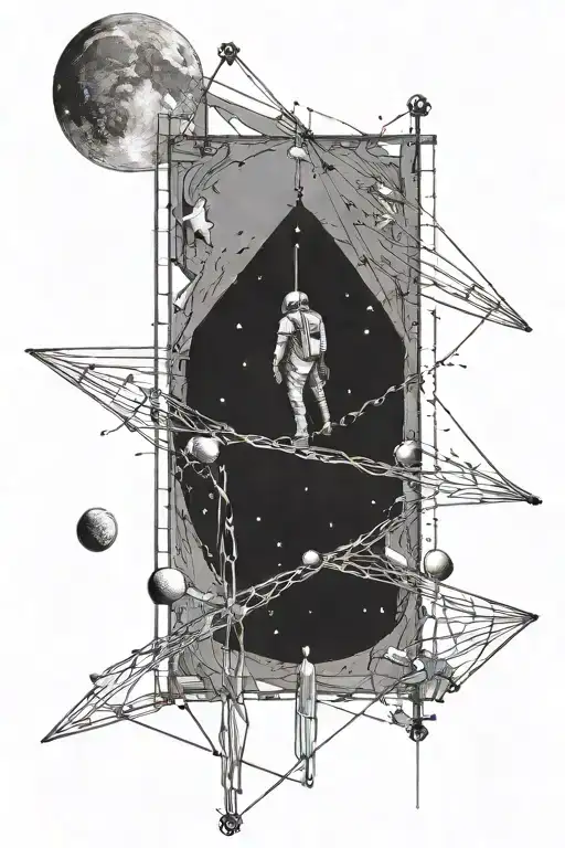 a man struggling to walk tight rope walking into dark side of the moon album art, the inside of the prism is universe tattoo design idea