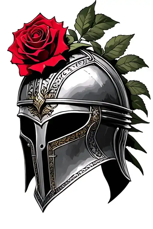 gladiator helmet with red rose tattoo design idea