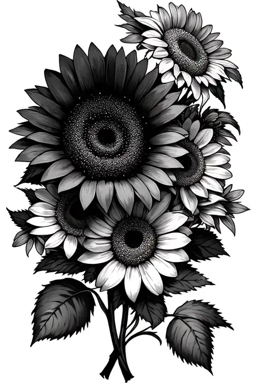 black and white bouquet with sunflowers, daisies, and roses tattoo design idea