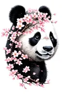 Negative space, positive space, panda faced formed by many cherry blossom trees  tattoo design idea