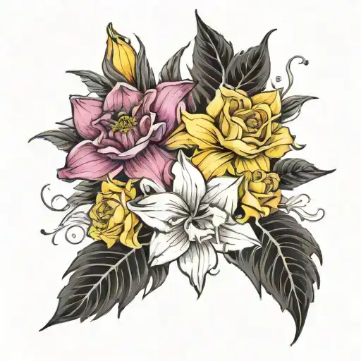 Daffodil, Gladiolus, Yellow Rose, Birds of paradise, Dahlia tattoo design idea