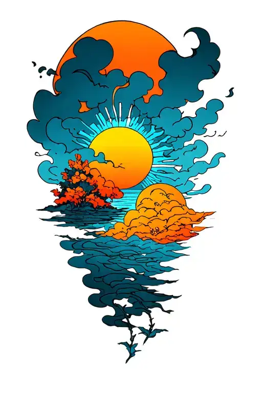 stormy sky transitioning to a rising sun shining tattoo design idea