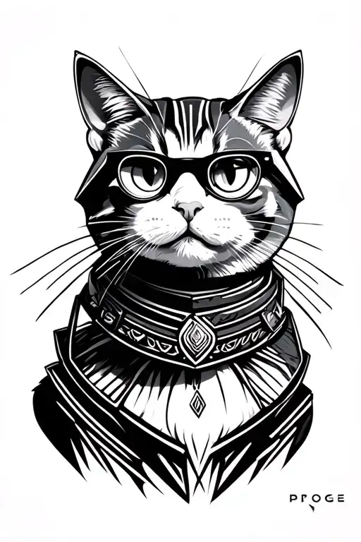 samurai cat with glasses tattoo design idea