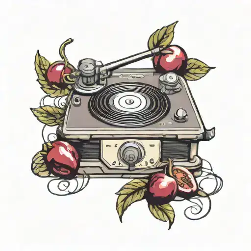 plum fruit, record player, grey and white, small tattoo design idea
