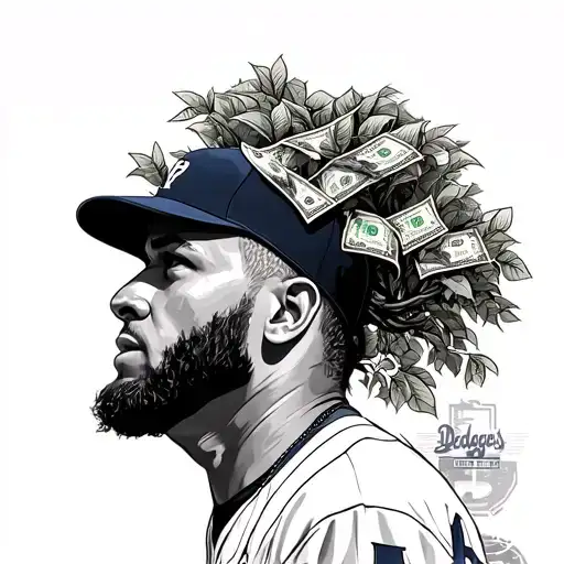 A Dodgers baseball player with a money tree growing out of his head tattoo design idea
