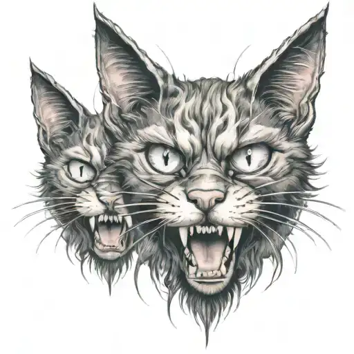 A three-headed demonic cat of the British breed, with a grin and glowing white eyes tattoo design idea