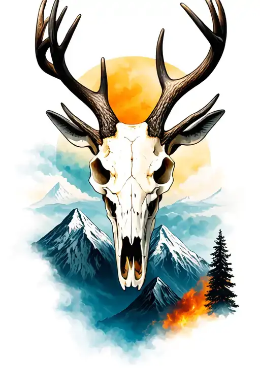 American elk skull with mountains tattoo design idea
