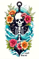 “Waves won’t break me” waves, ship, anchor skeleton lady flowers tattoo design idea