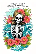 “Waves won’t break me” waves, ship, anchor skeleton lady flowers tattoo design idea