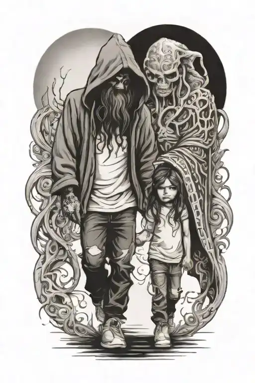 a girl and a huge hooded beast walking side by side holding hands tattoo design idea