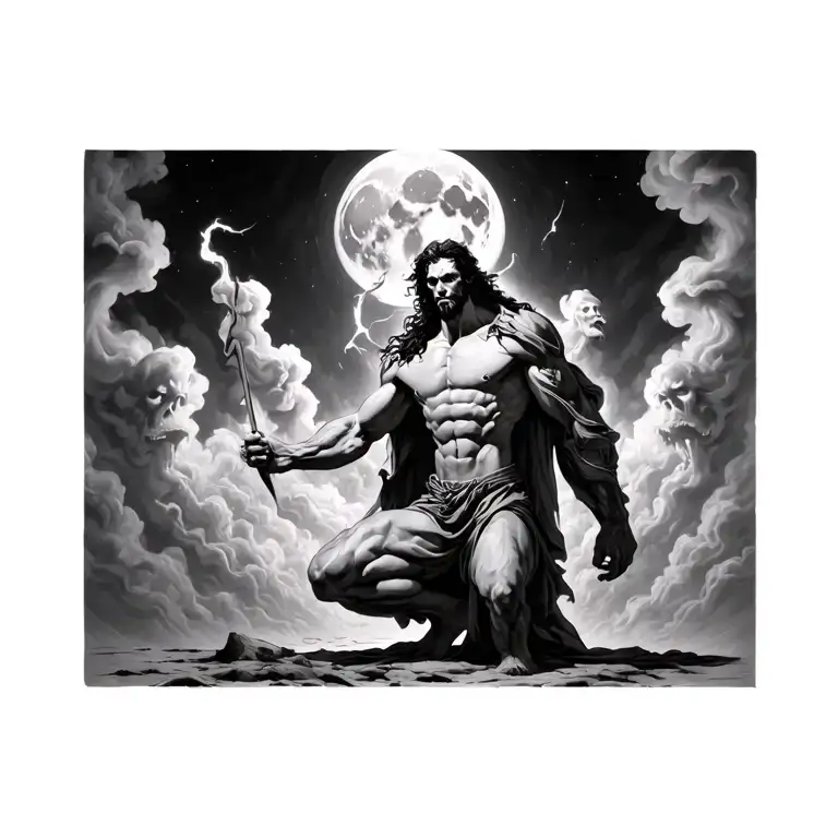 Atlas kneels, and behind him stands Hades in control, souls rising like smoke toward a ghostly moon tattoo design idea