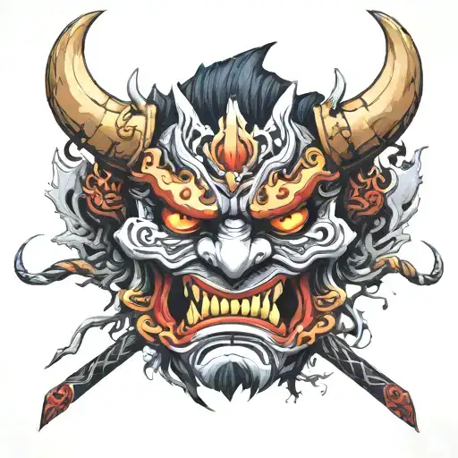 an oni mask, broken by a katana and fragmented tattoo design idea