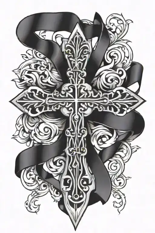 Cross surrounded by ribbon wrapped tattoo design idea