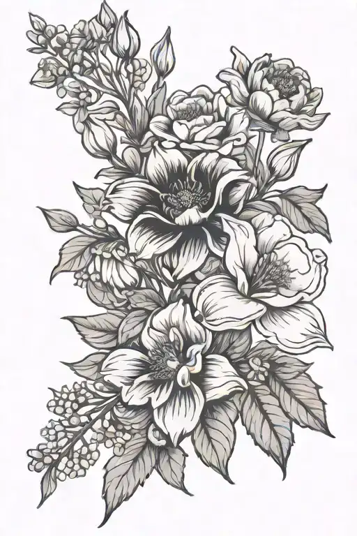 January june july December birth flower bouquet tattoo design idea