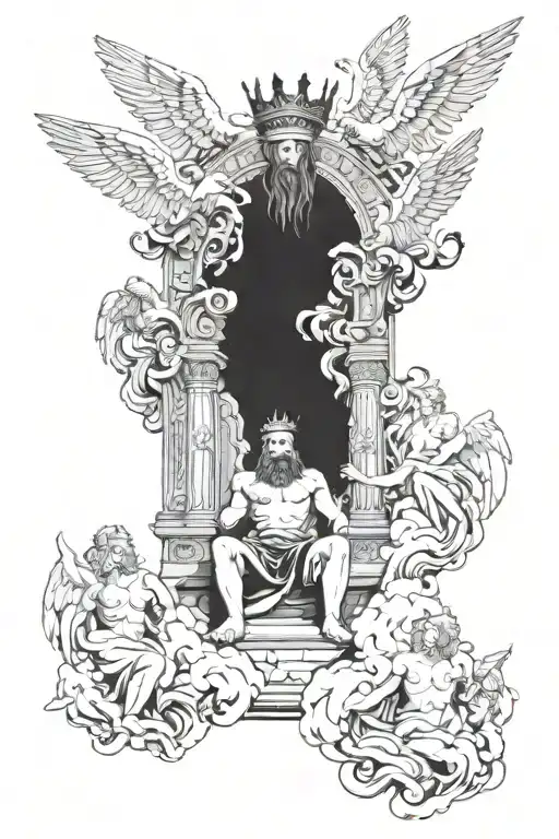 king of kings sitting on throne of cloud and fire surrounded by worshiping angels in realism tattoo design idea
