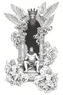king of kings sitting on throne of cloud and fire surrounded by worshiping angels in realism tattoo design idea