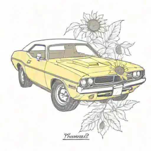  70's dodge challenger with sunflowers tattoo design idea