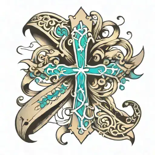 cross, ovarian cancer ribbon intertwined tattoo design idea